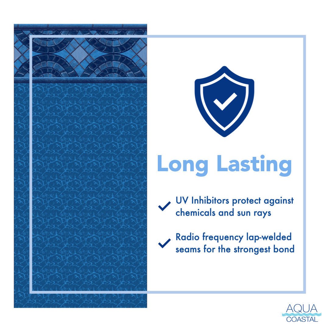 Aqua Coastal 18' x 34' oval Cayman unibead above ground pool liner with 52-inch wall, detailed view of the liner's surface and edges.