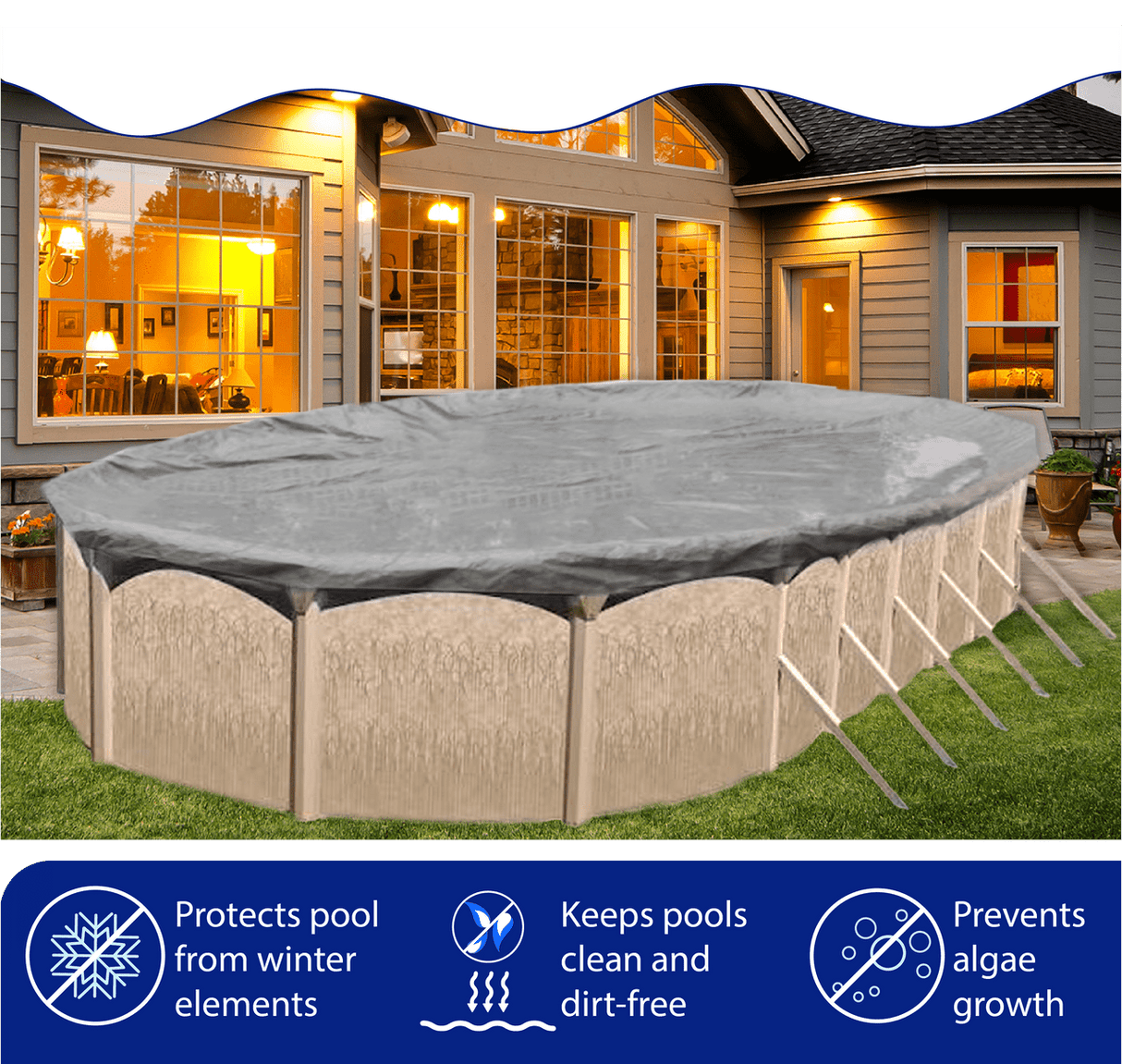 Aqua Coastal 24x40' Platinum Pro-Shield rectangle winter pool cover laid over a pool for winter protection.