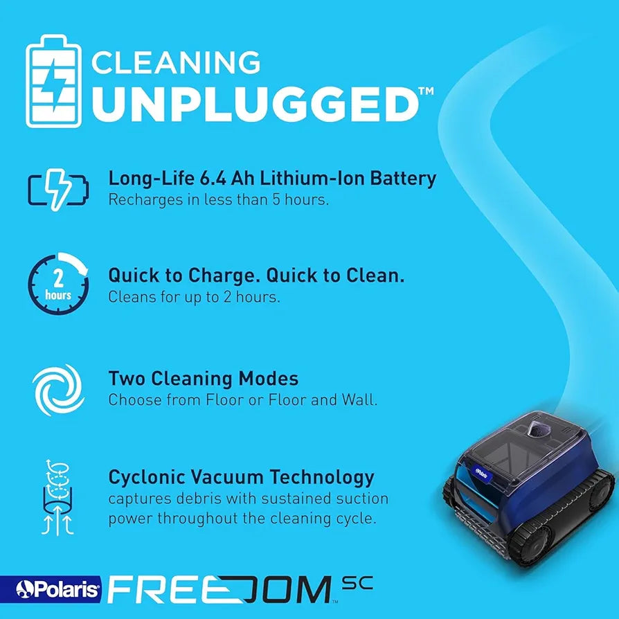 Polaris FREEDOM SC cordless robotic pool cleaner with WiFi connectivity, shown cleaning a swimming pool floor.