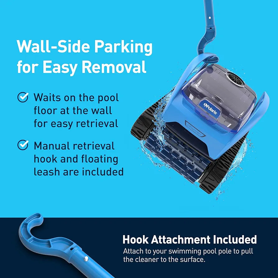 Polaris PIXEL cordless robotic pool cleaner with sleek design, capturing its compact shape and cleaning features in action.