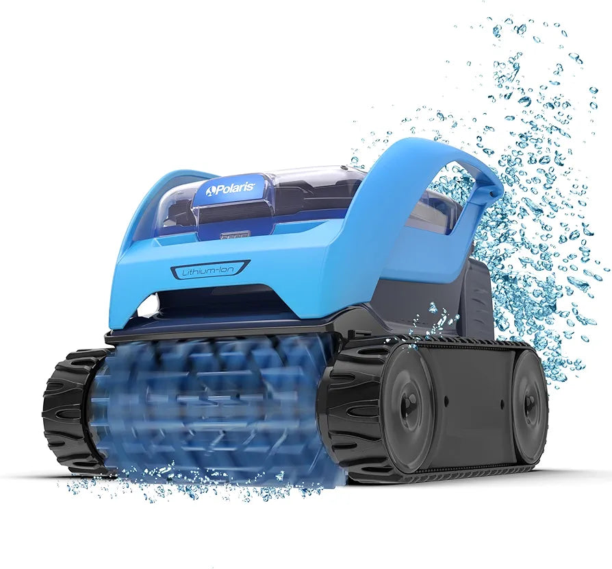 Polaris PIXEL cordless robotic pool cleaner gliding through a clean swimming pool, compact design for efficient pool cleaning.