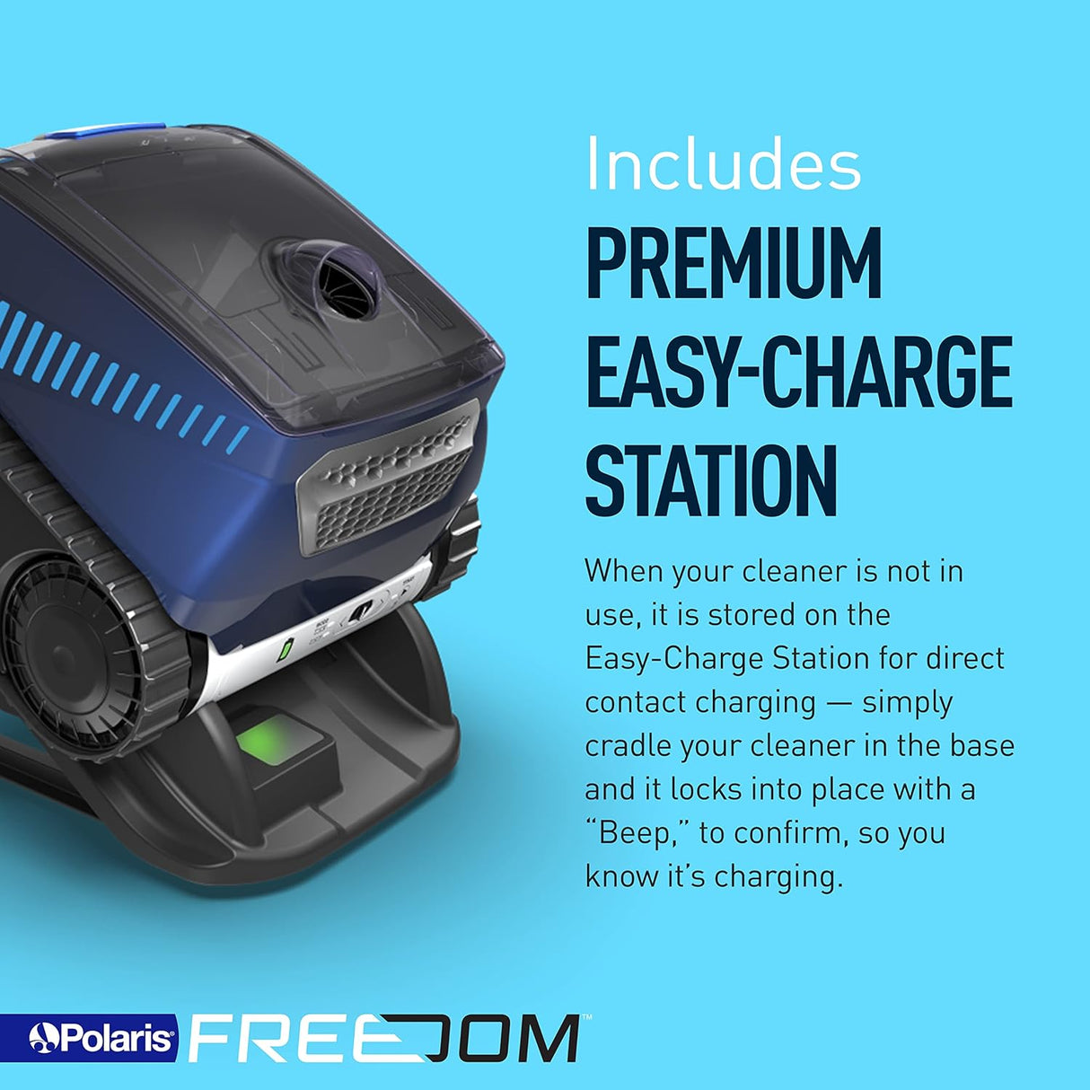 Polaris FREEDOM™ cordless robotic cleaner in action, showcasing its sleek design and compact size for efficient floor cleaning.