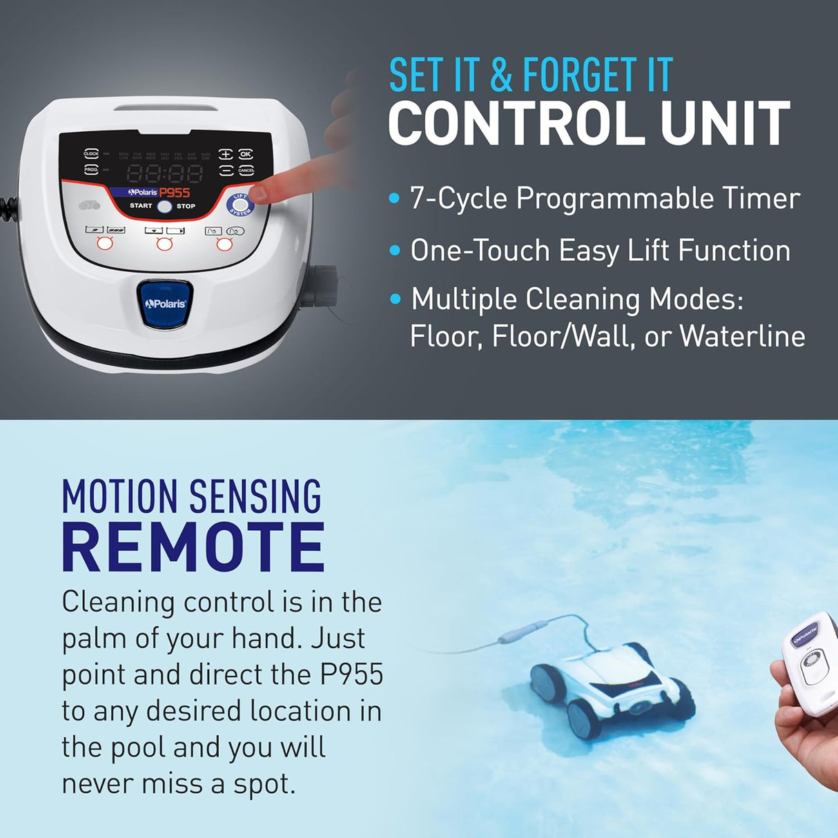 Control unit and motion sensing remote for pool cleaning equipment with features listed.