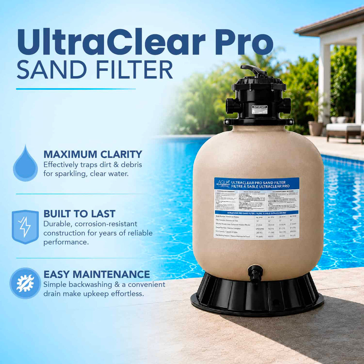 K&J Leisure Aqua Coastal UltraClear Pro 22-inch sand filter with multiport valve and clear view of the filter tank and control components.
