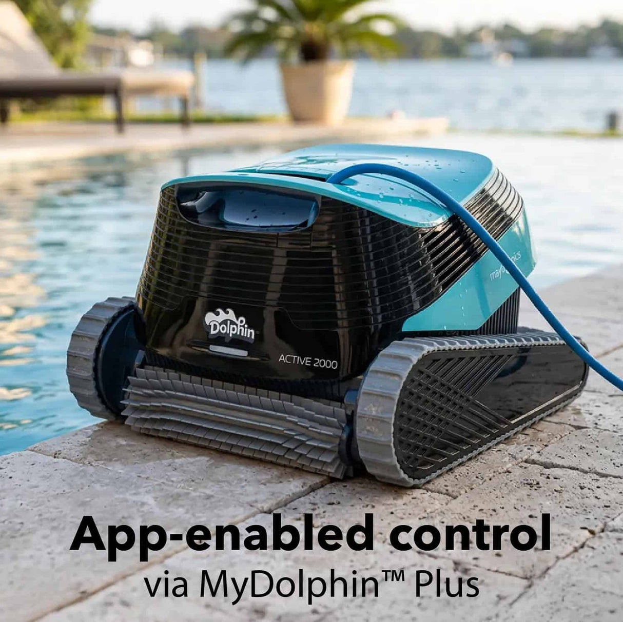 Maytronics Active 2000 Cleaner for pools, showing its compact design and cleaning brushes in action.