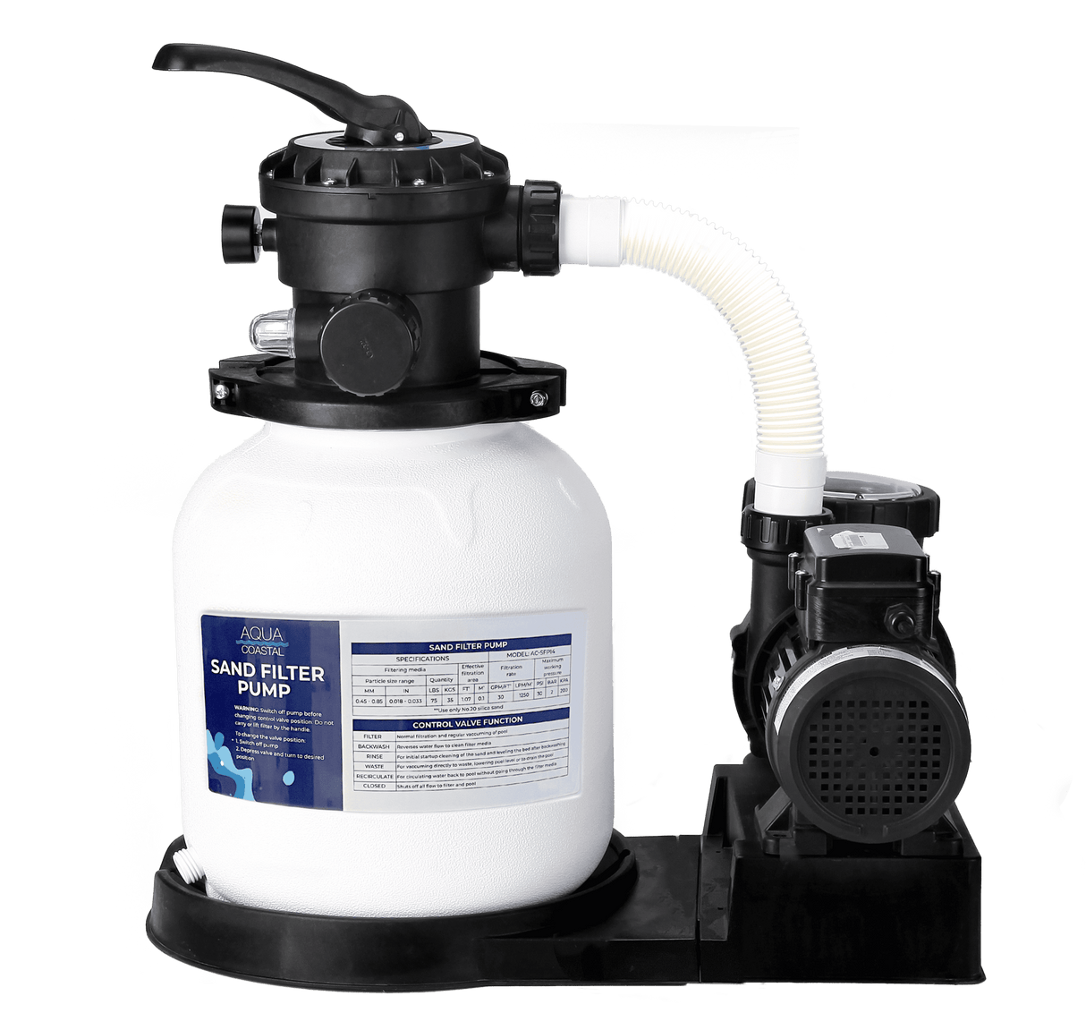 Aqua Coastal 14-inch sand filter with 0.6 HP pump for above-ground pools, showing the filter and pump components.