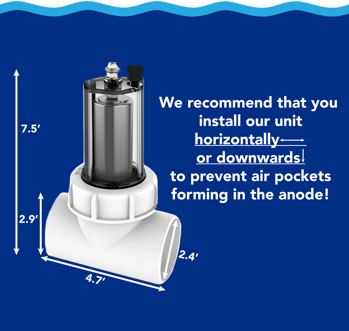 Aqua Coastal inline zinc anode for salt water pool systems, part of plumbing components, with a metal rod and mounting hardware.