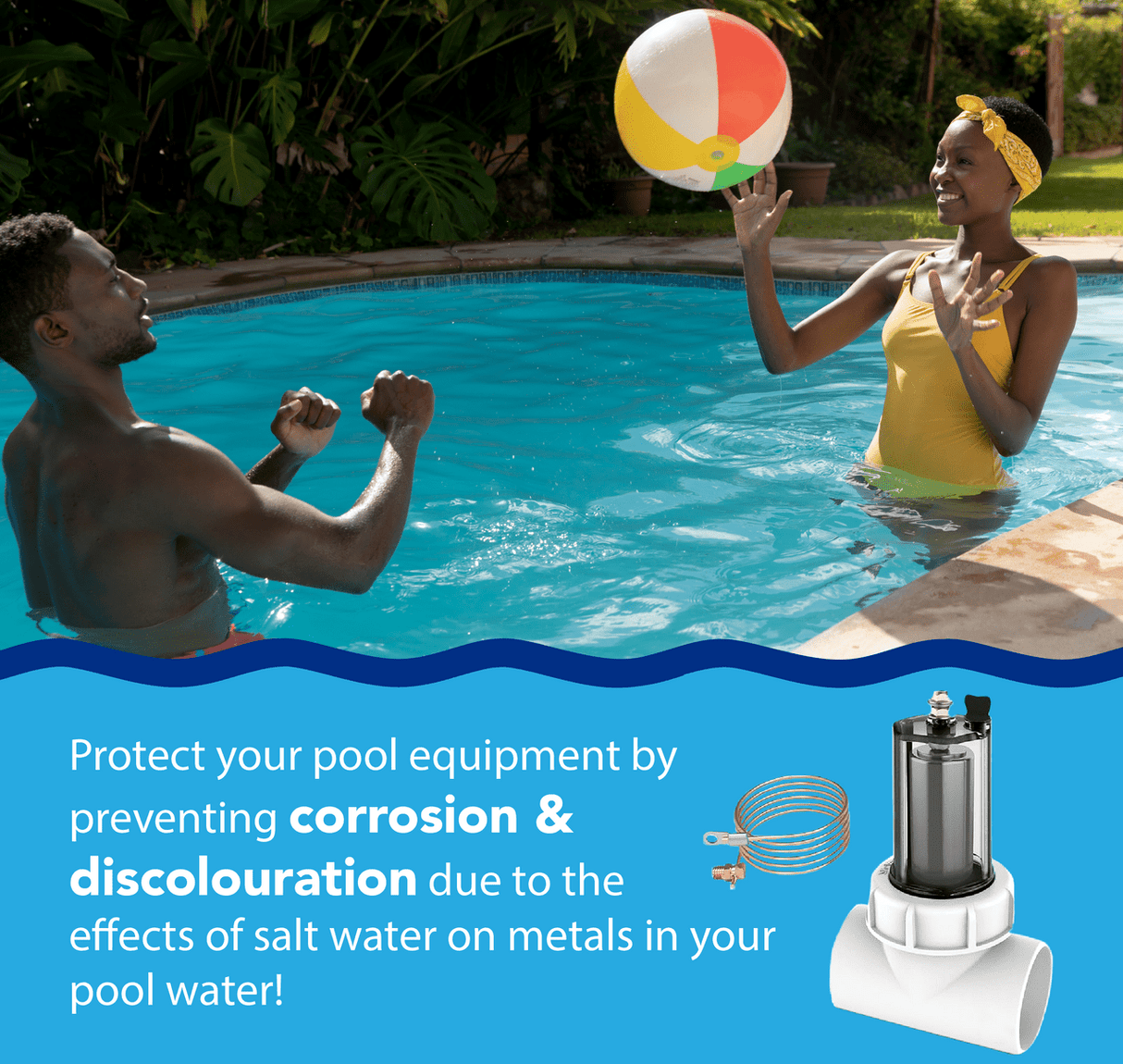 Aqua Coastal inline zinc anode for salt water pool systems, part of plumbing components, with metal construction and mounting hardware.