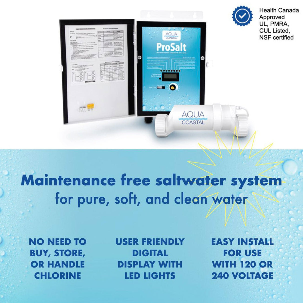 Aqua Coastal ProSalt salt chlorine generator with 40,000-gallon cell for pool sanitation, black control panel and salt system components.