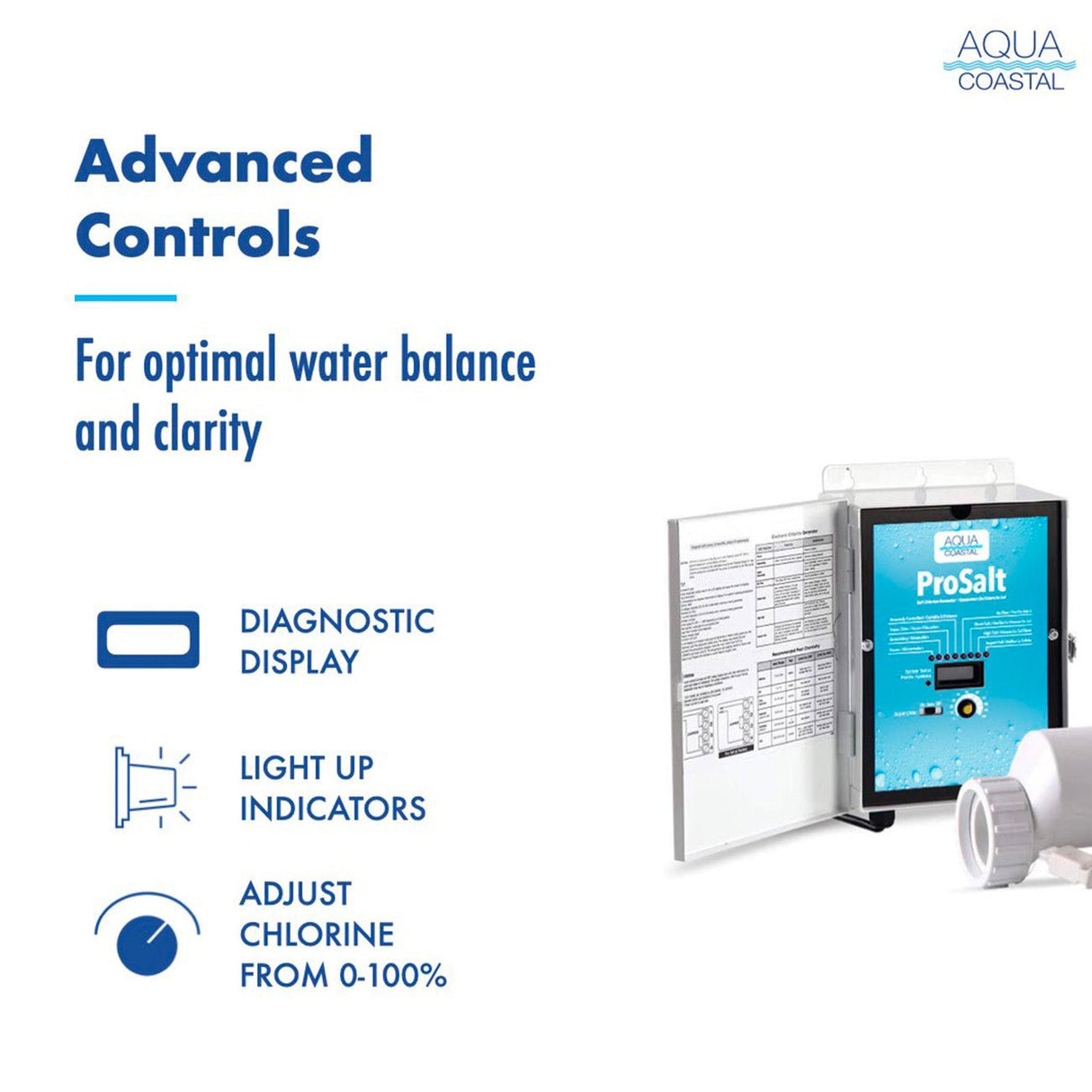 Aqua Coastal ProSalt salt chlorine generator with 40,000-gallon cell for pool sanitization, shown in a clean, outdoor pool setting.