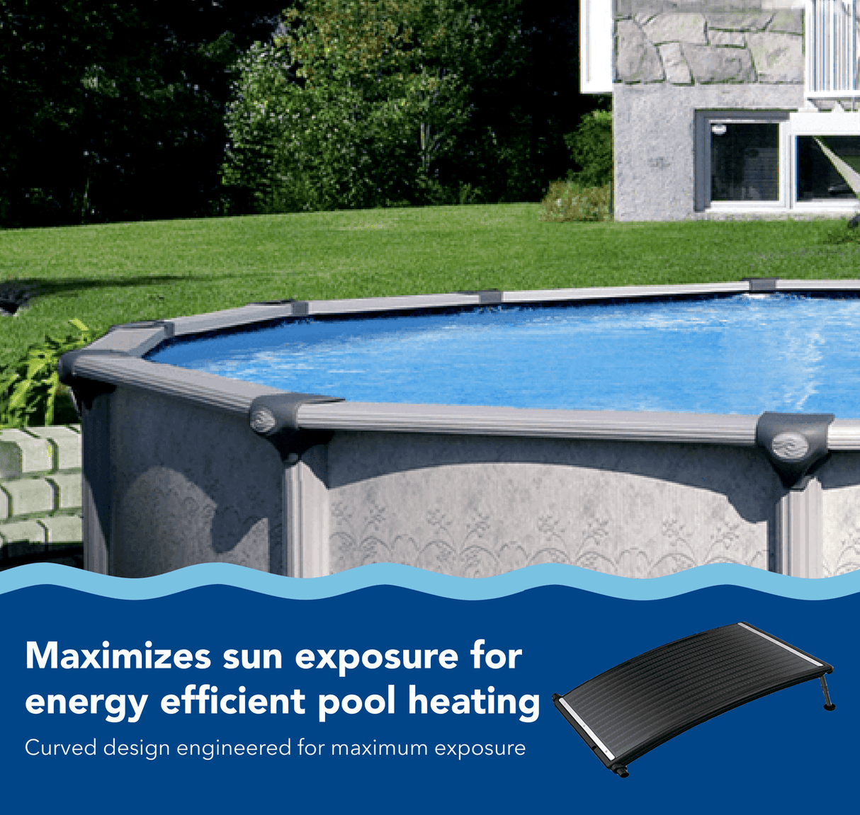 Aqua Coastal AquaCurve PRO solar pool heater panel installed on above-ground pool for efficient solar heating.