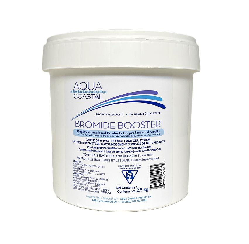 Aqua Coastal Bromide Booster for spa bromine system startups and shocks, in a container with label showing product details.