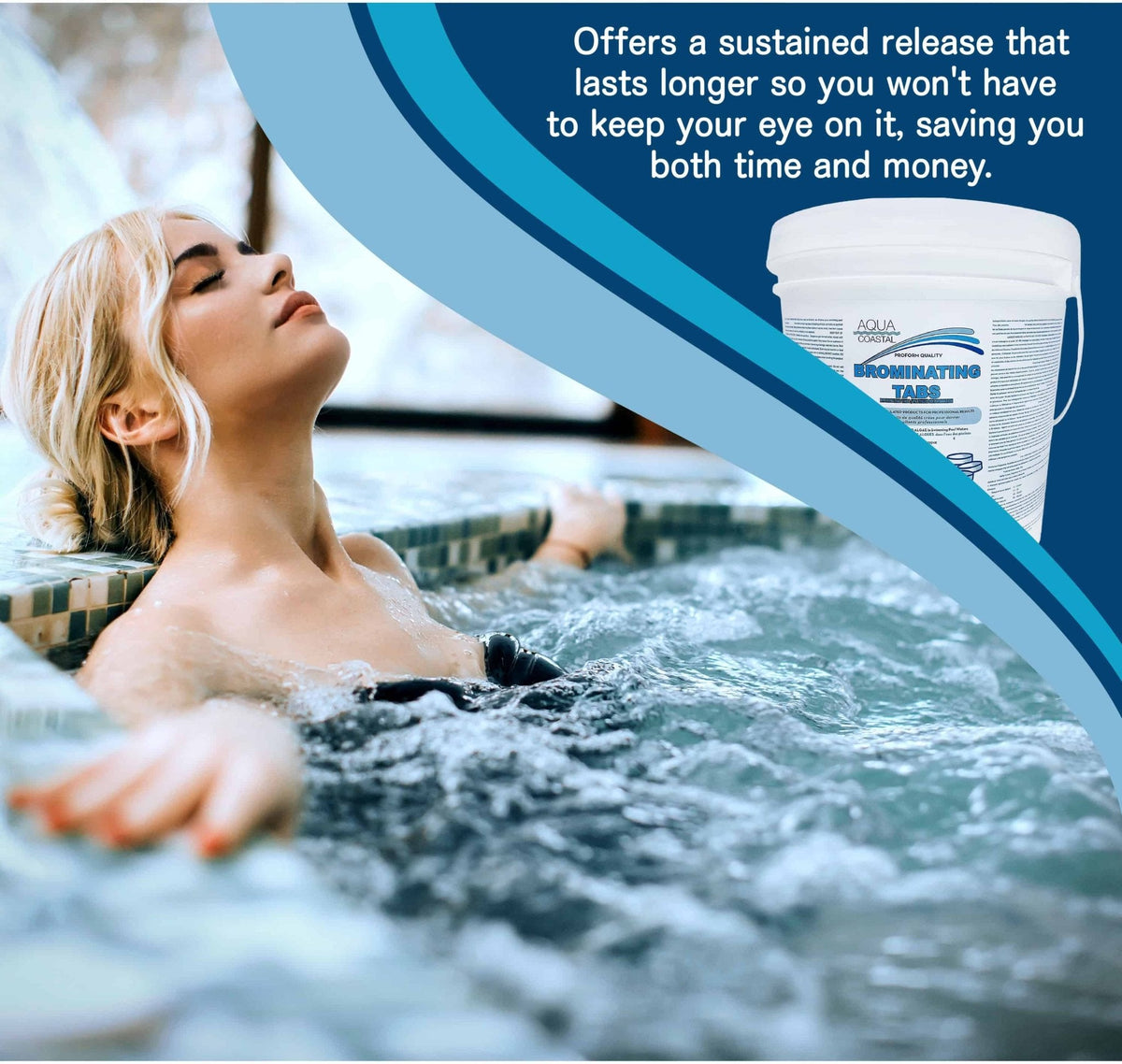 Aqua Coastal bromine tablets in an 18 kg container, pool sanitizing chemical for spa and pool water maintenance.