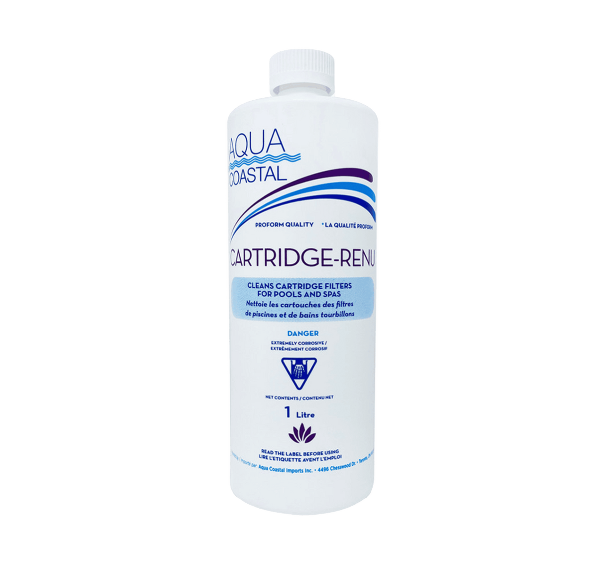 Aqua Coastal Renu-Specialty Pool Chemical cartridge for filter cleaning, showing a white plastic cartridge for pool maintenance.