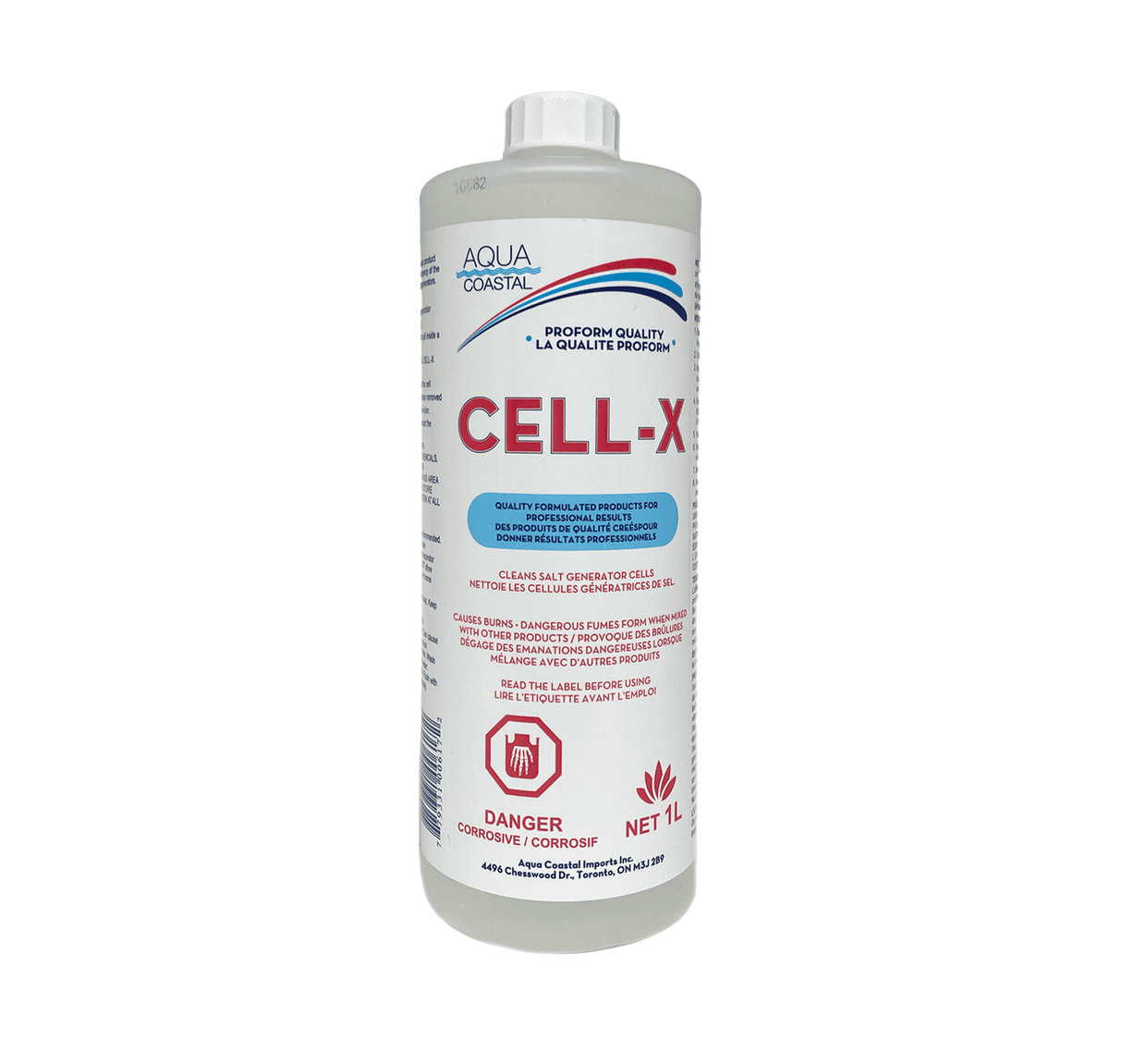 Aqua Coastal Cell-X Specialty Pool Chemical 1L for salt cell cleaning, showing the chemical bottle with label and cap.