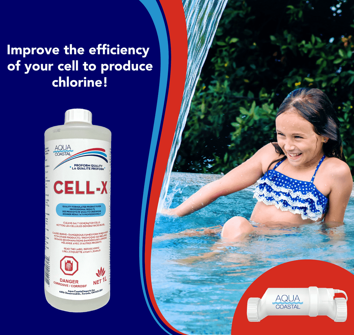 Aqua Coastal Cell-X Specialty Pool Chemical 1L bottle for salt cell cleaning, with label visible and pool chemical packaging.