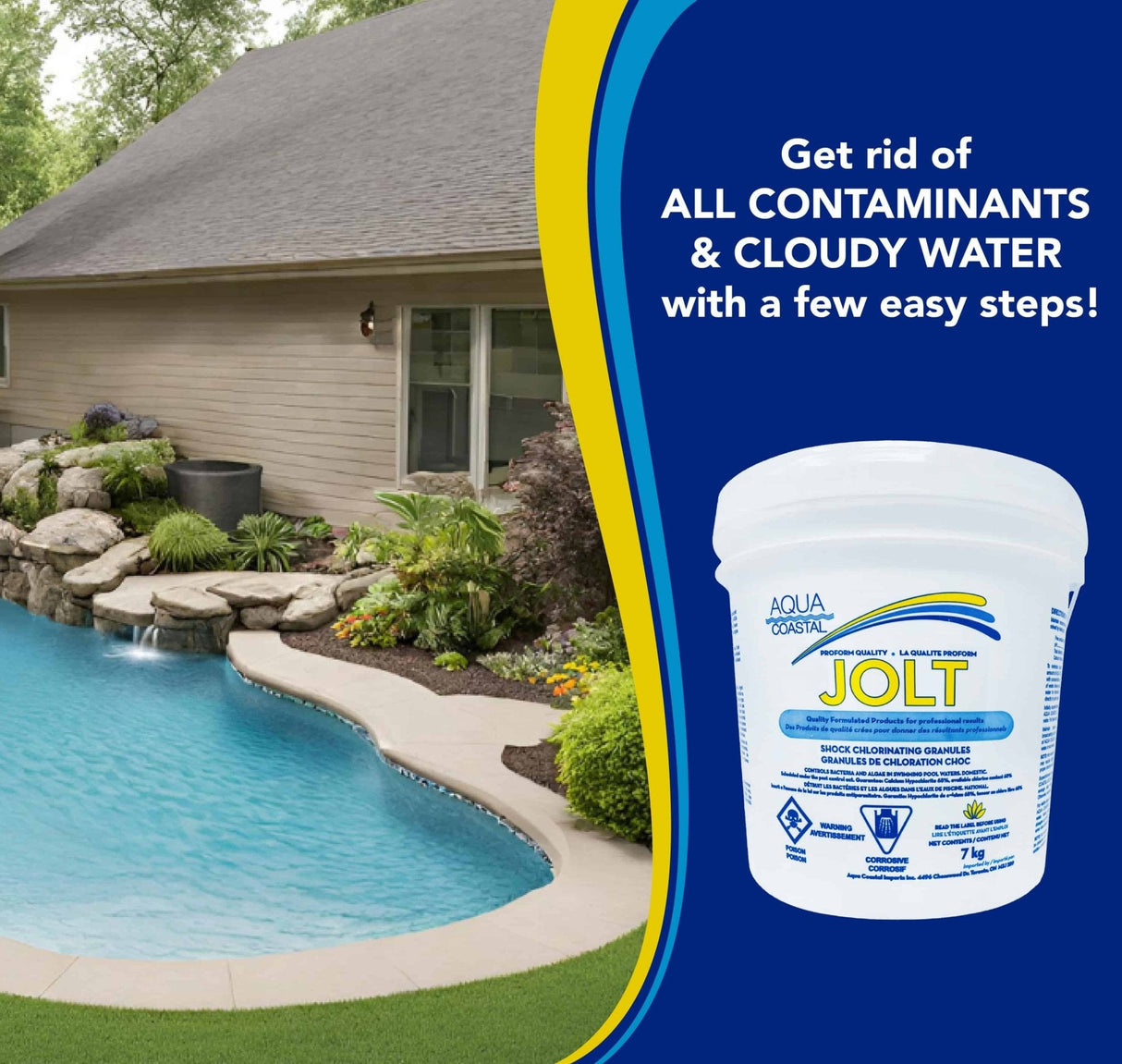 Aqua Coastal chlorine pool shock and super chlorinator 7kg container for pool chemicals, used for sanitizing and shocking swimming pools.
