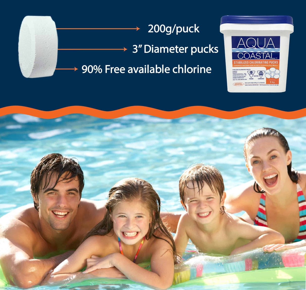 Aqua Coastal 3-inch chlorine pucks in a 6kg bag, used for sanitizing swimming pools and maintaining water clarity.