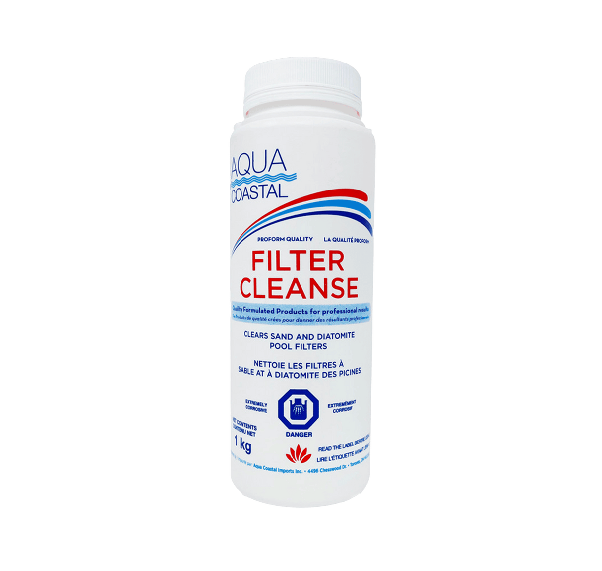 Aqua Coastal Filter Cleanse pool chemical bottle for deep cartridge filter cleaning, with label and cap visible.