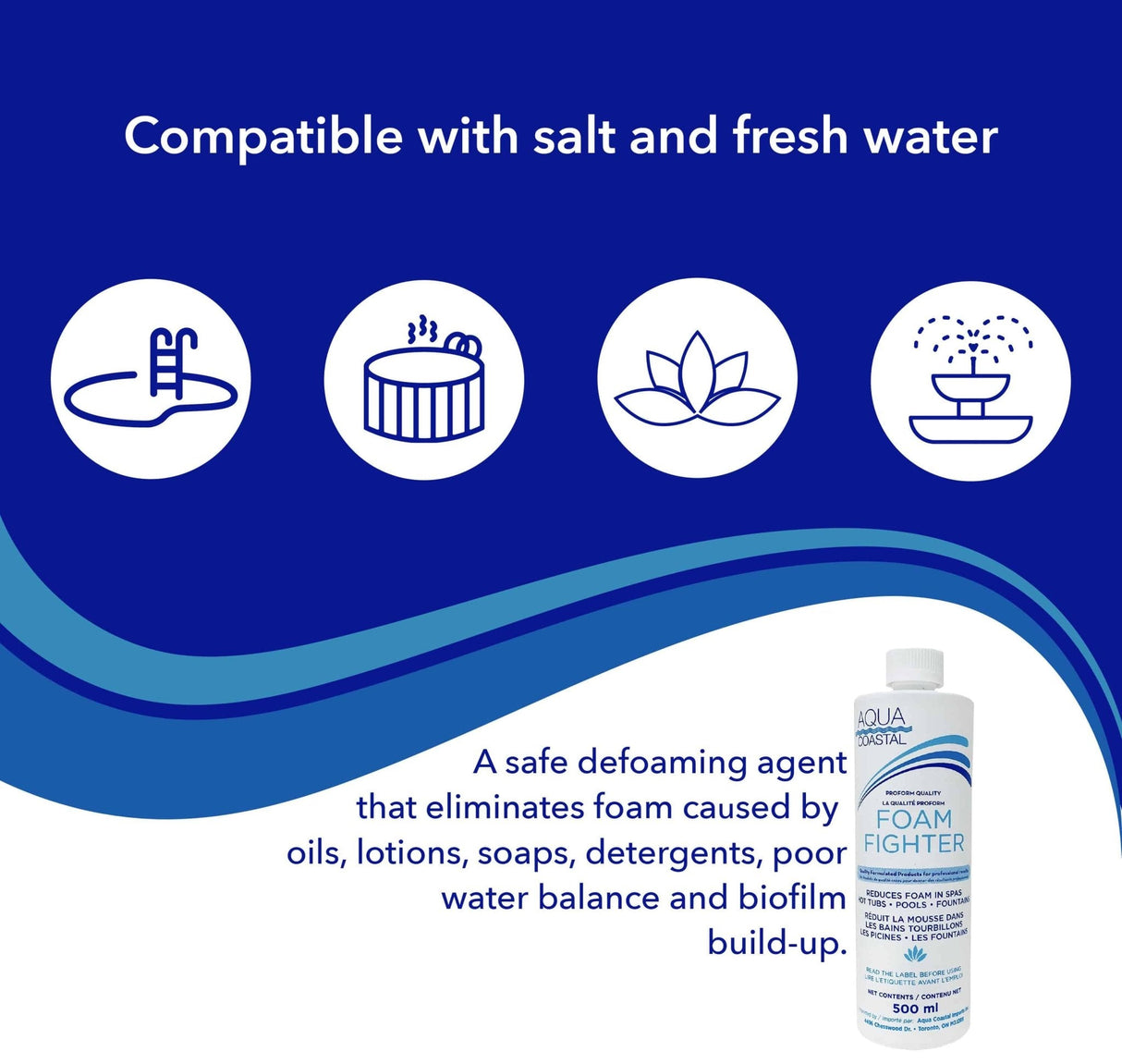 Aqua Coastal Foam Fighter Spa and Pool Defoamer in a bottle, designed to quickly control foam in swimming pools and spas.