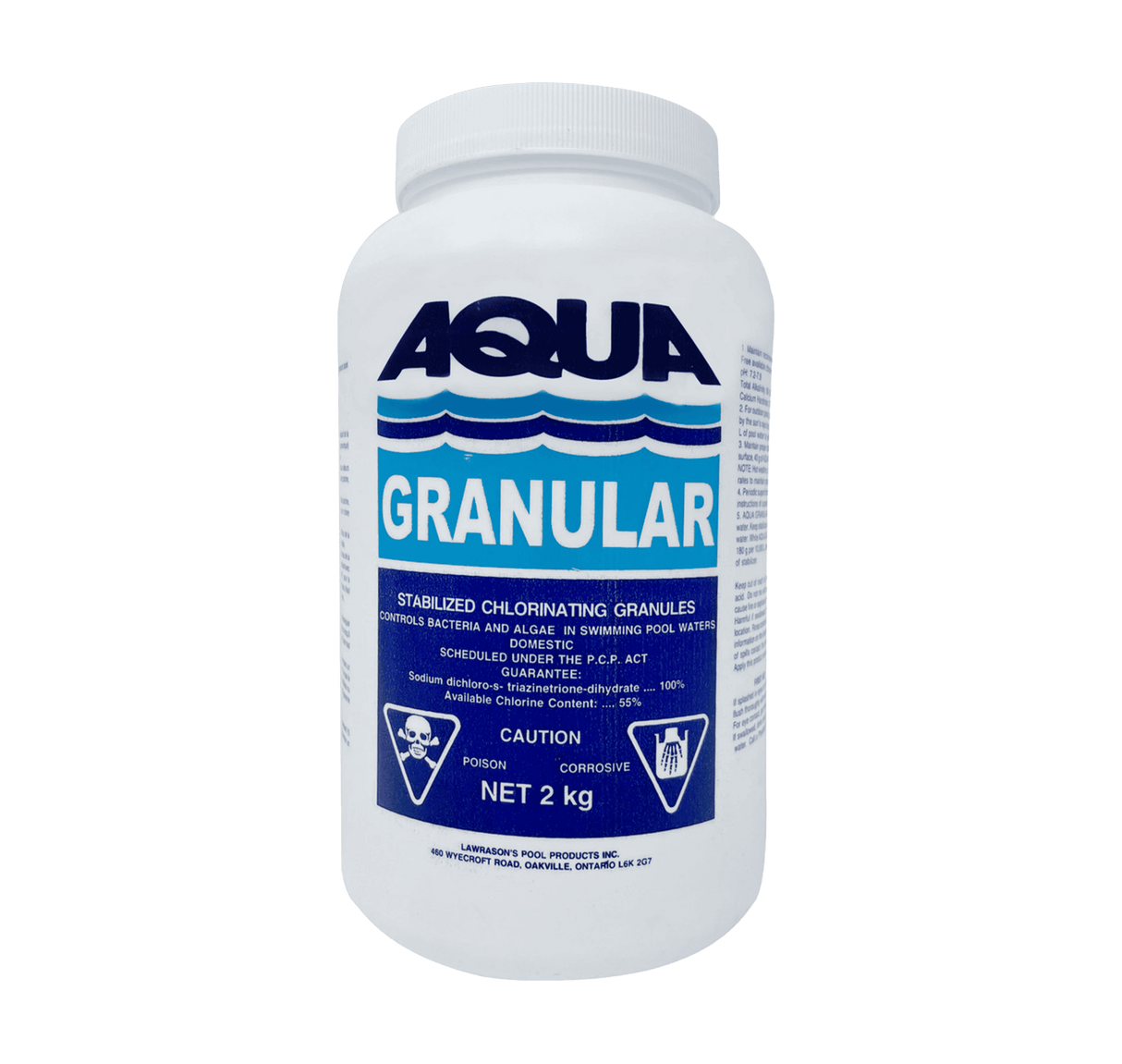 Aqua Coastal granular stabilized chlorine 2kg for pool sanitizing, shown in a clear plastic bag with white granules.