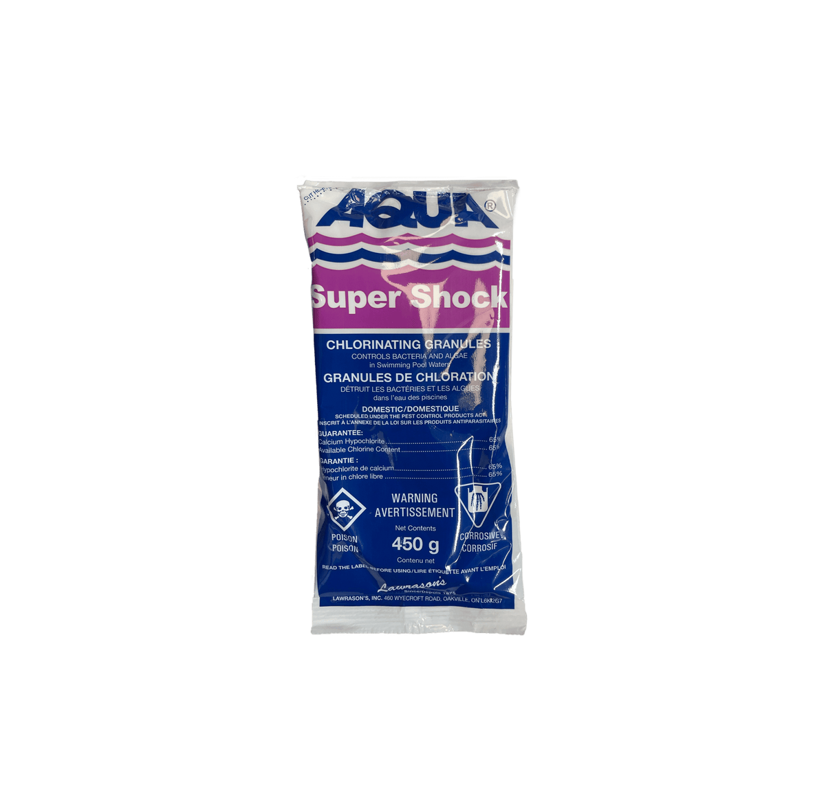Aqua Coastal granulated chlorine super shock in 450g container, pool chemical for disinfecting and shocking pool water.