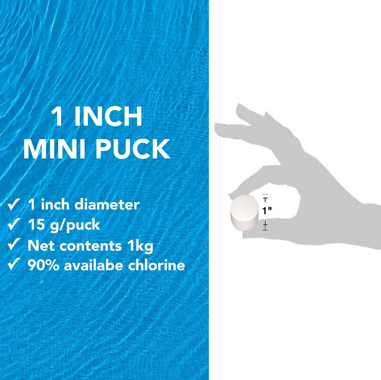 Aqua Coastal mini pucks chlorine tablets for small pools and spa floats, shown in a close-up view of the small pool chemicals.