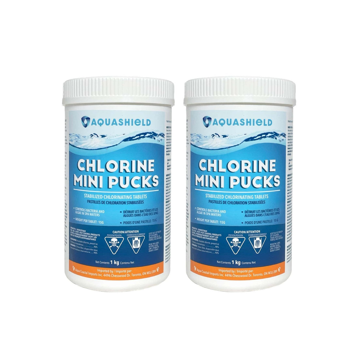 Aqua Coastal Mini Pucks chlorine tablets for small pools and spa floats, showing small, compact pool chemicals in a container.