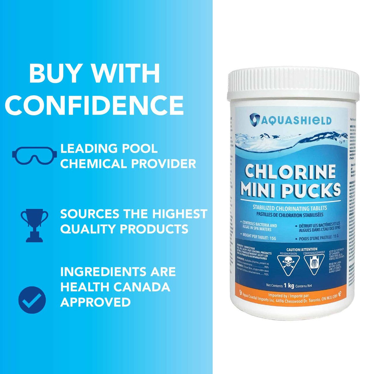 Aqua Coastal mini chlorine pucks for small pools and spa floats, showing small, round pool chemicals ready for use.