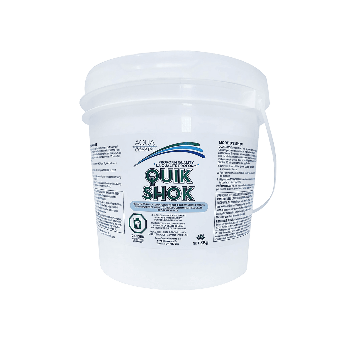 Aqua Coastal Non-Chlorine Quick Shock pool chemical for weekly oxidizing care, in a white container with label.