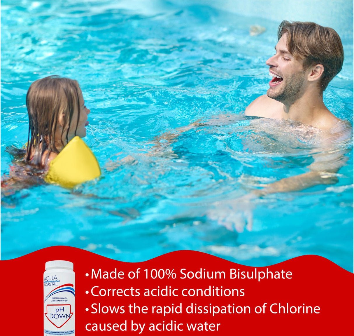 Aqua Coastal pH Down pool chemical bottle used for lowering water pH levels in pools and spas.