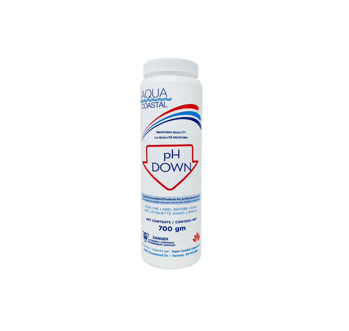 Aqua Coastal pH Down pool chemical bottle used for lowering water pH levels in pool and spa water.