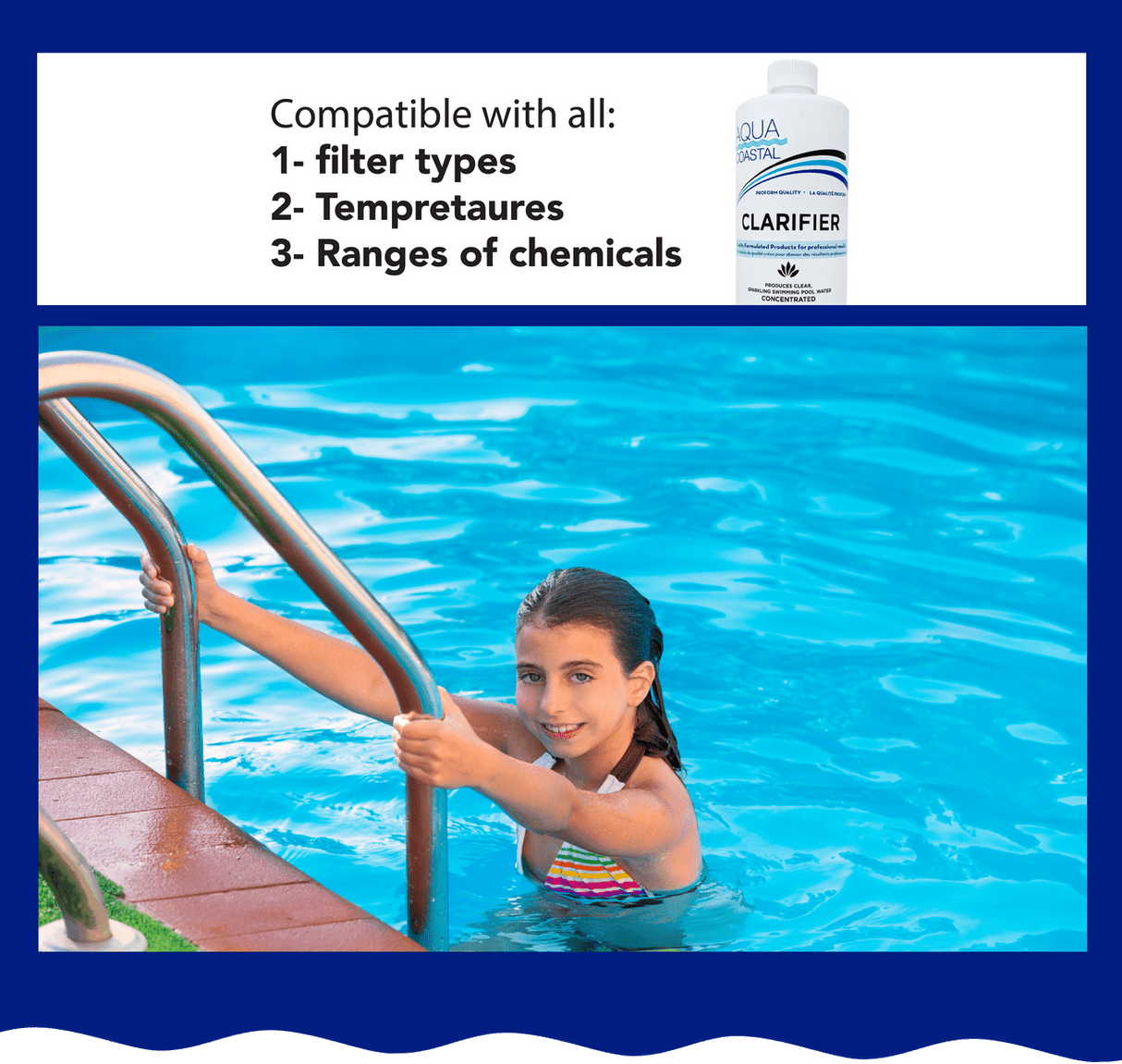 Aqua Coastal pool clarifier bottle for bright, clean, and sparkling pool water with clear label and blue cap.