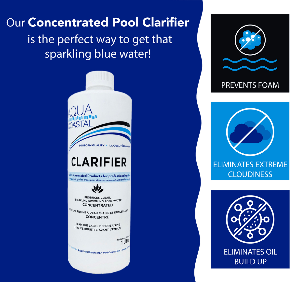 Aqua Coastal pool clarifier chemical bottle for cleaner, brighter pool water with sparkling clarity.