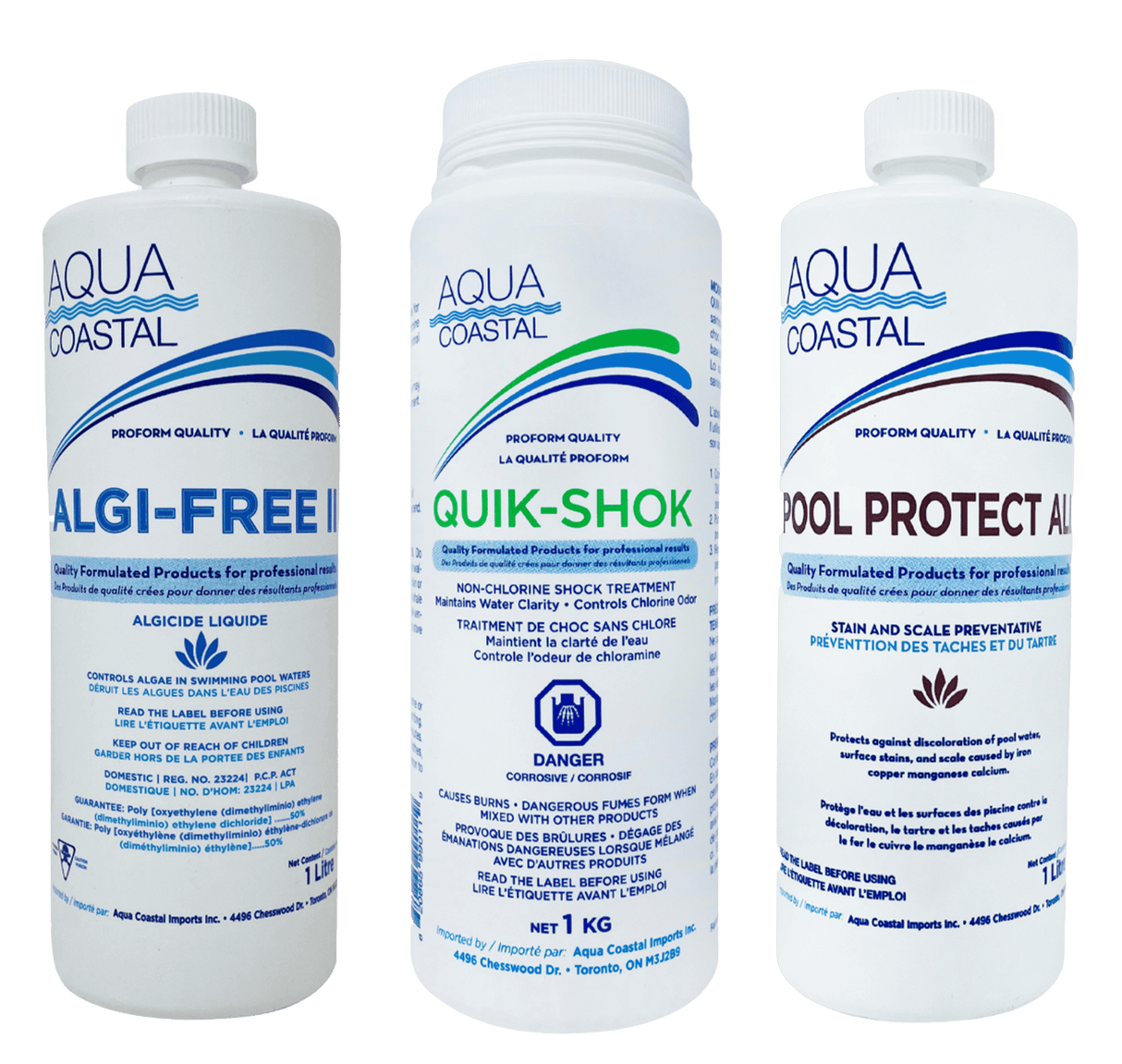 Aqua Coastal pool closing chemical kit with bottles and supplies for winterizing outdoor swimming pools.