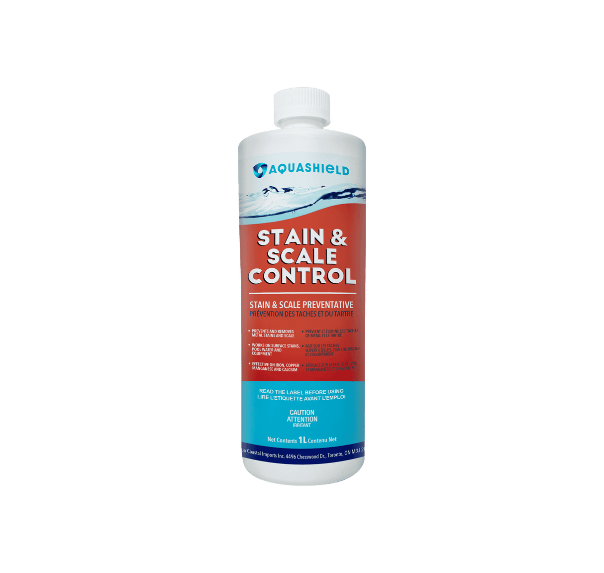 Aqua Coastal Pool Protect All pool water conditioner bottle, used for preventing stains and scale in swimming pools.