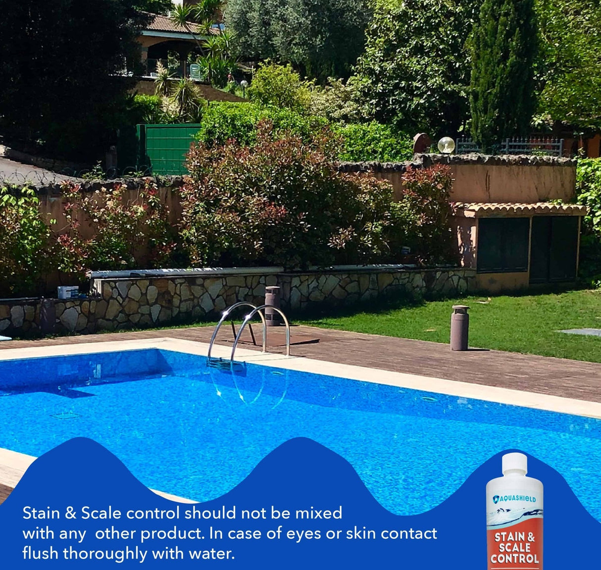 Aqua Coastal Pool Protect All water conditioner bottle, designed to prevent stains and scale in swimming pools, labeled with product details.