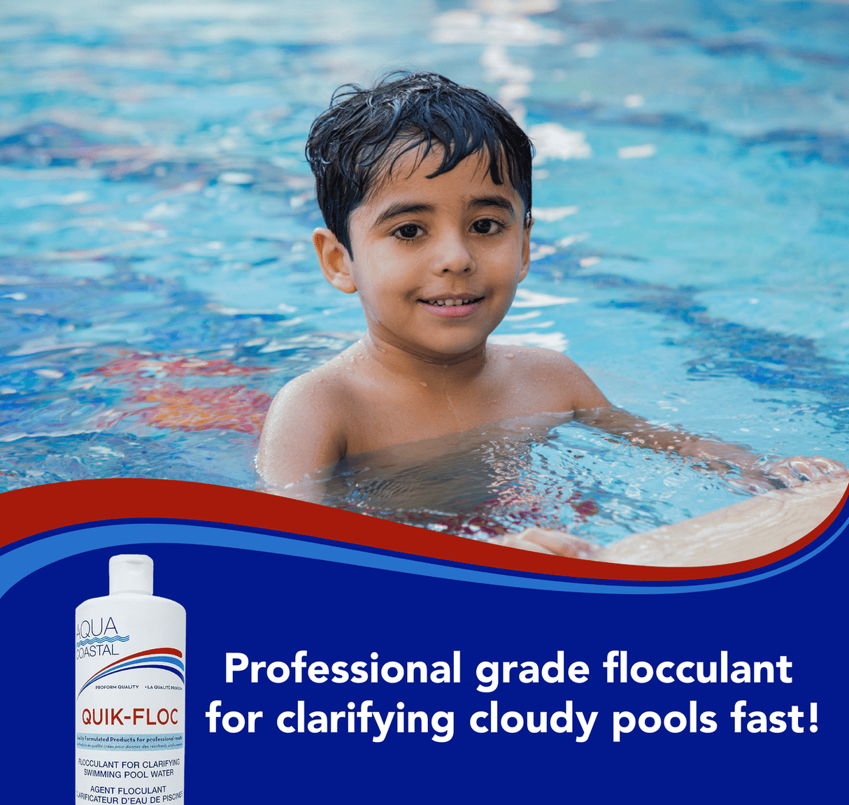 Aqua Coastal Quik Floc Pool Clarifier 1L bottle for fast water cleanup, pool chemicals for clear, clean swimming pool water.