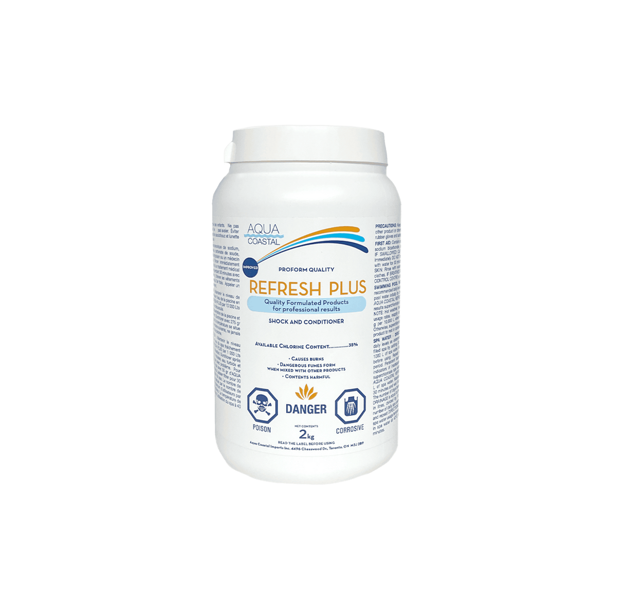 Aqua Coastal Refresh Pool & Spa Shock bottle, a pool chemical for fast weekly water recovery, with blue liquid inside a clear container.