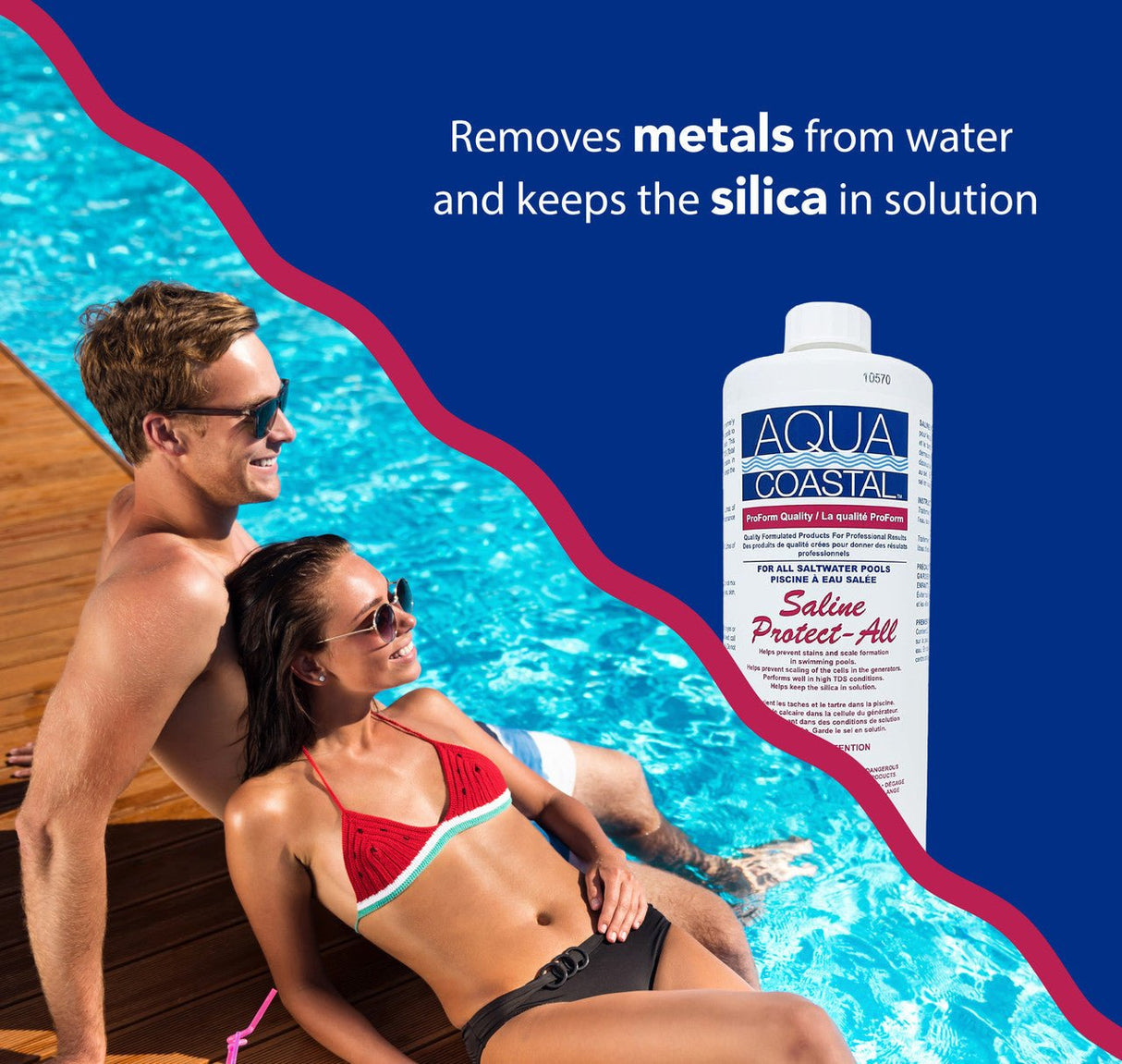 Aqua Coastal Saline Protect-All 1L pool chemical bottle for salt pool care, with label and safety cap on white background.