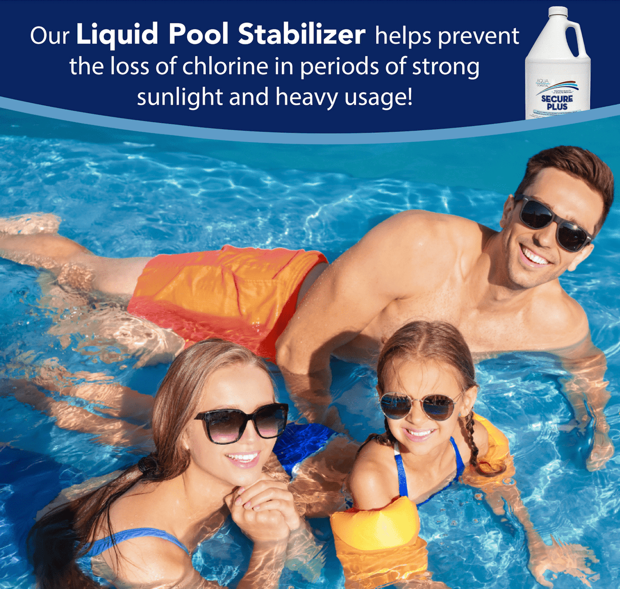 Aqua Coastal Secure Liquid Stabilizer 3.78L (1 Gal) pool chemical in a clear container, used for stabilizing pool chlorine.