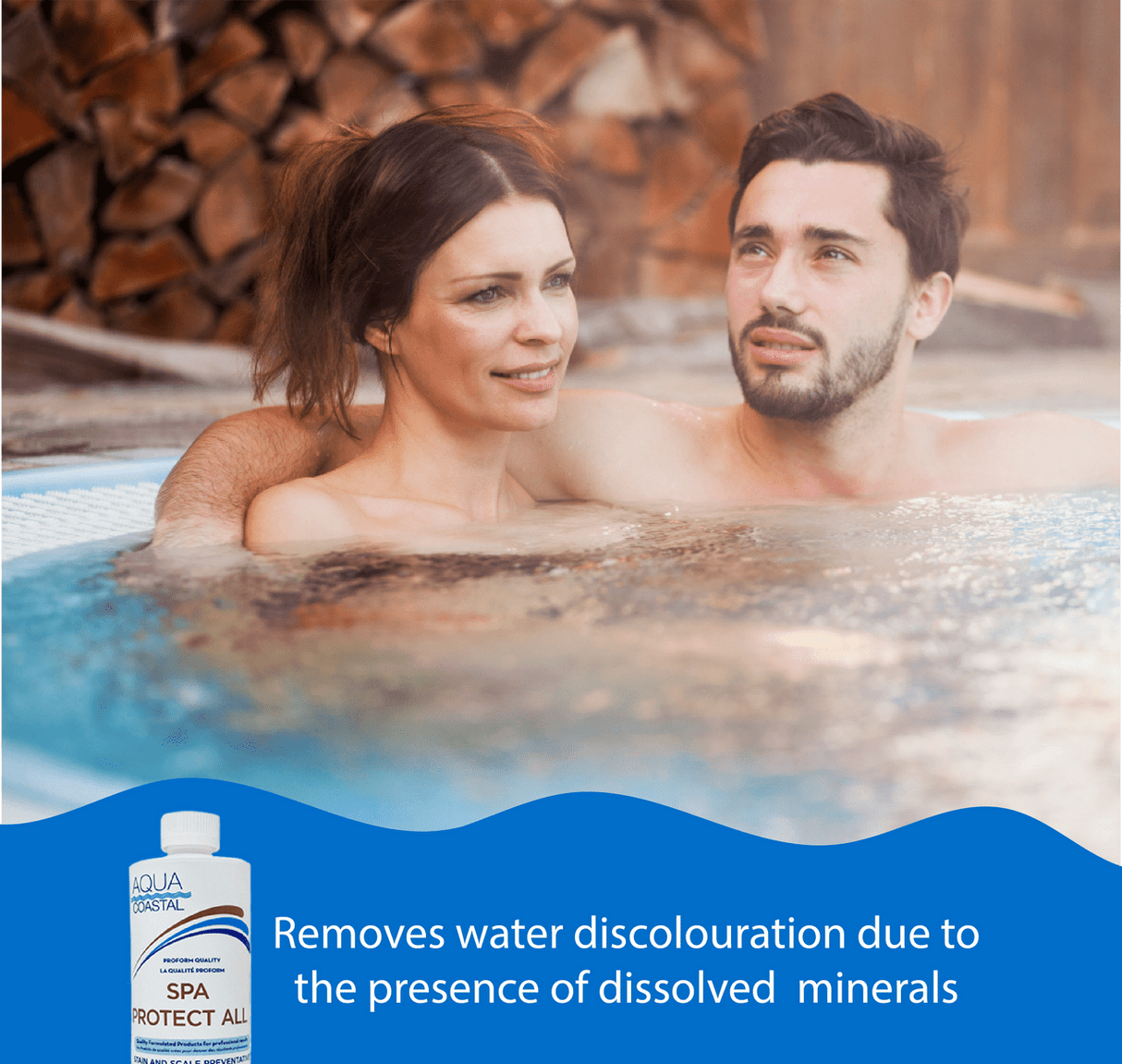 Aqua Coastal Spa Protect All Spa Water Conditioner for preventing stains and scale in hot tubs and spas.