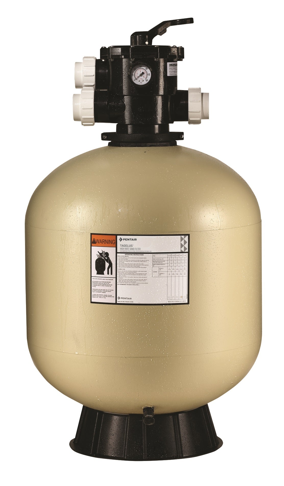 Pentair Tagelus® top mount pool filter with 1.5-inch valve, model TA 60D, featuring a new label and durable construction.