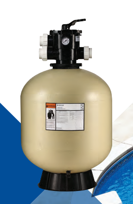Pentair Tagelus® top mount pool filter with 1.5-inch valve, model TA 60D, shown with clear cover and filter components.
