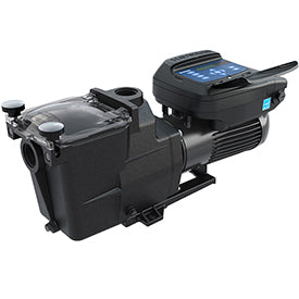Hayward Super Pump variable speed pool pump with 1.65HP motor, shown from a side angle in a pool equipment setup.