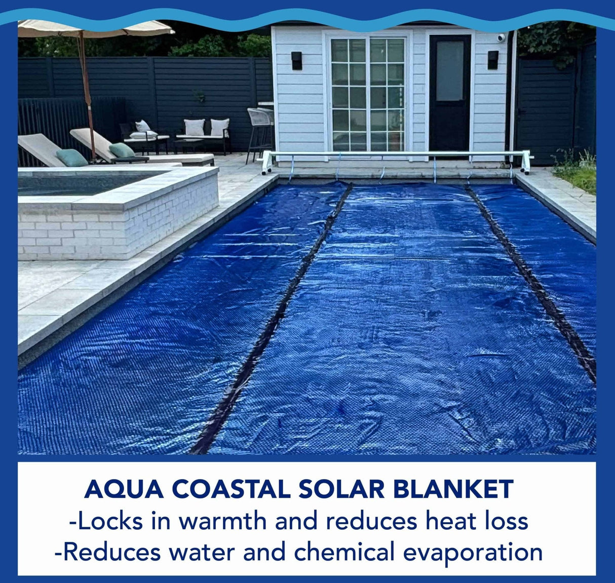 Aqua Coastal 12' x 24' black and blue rectangular solar blanket, designed for pool coverage and solar heating.