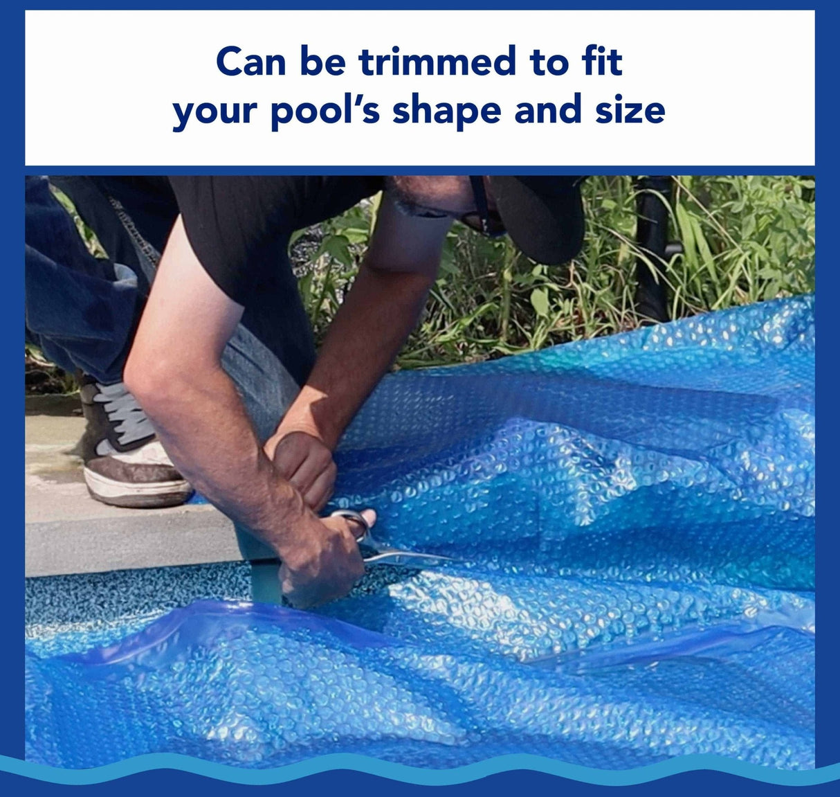 Blue 12x24-foot rectangular solar pool cover by Aqua Coastal, designed to heat and protect swimming pools.