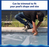 Aqua Coastal 14x28 ft rectangle clear solar pool cover with insulated edges, designed to heat and protect above-ground pools.