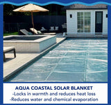 Aqua Coastal 14' x 28' clear rectangle solar blanket pool cover lying on a swimming pool surface.