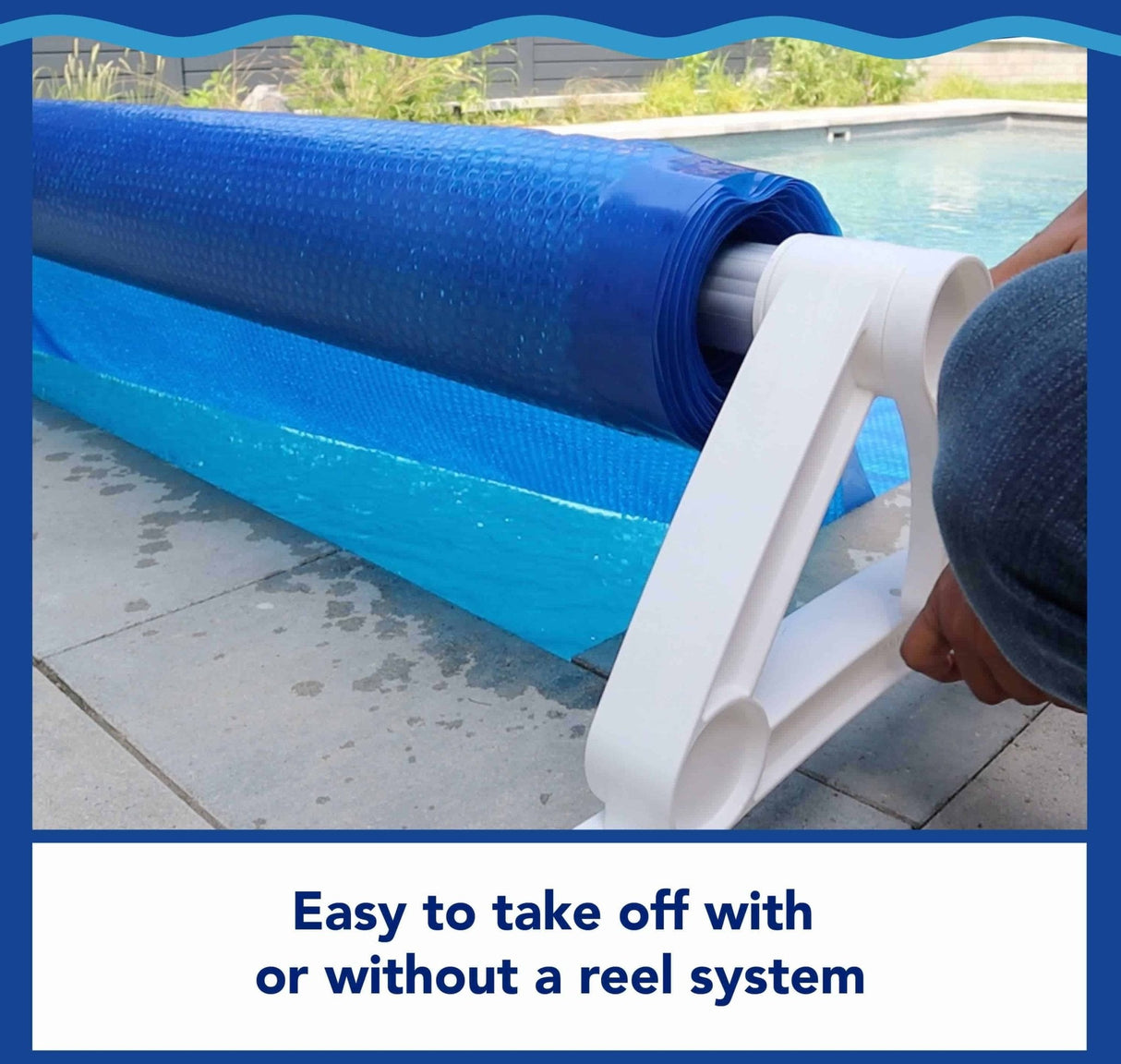 Blue Aqua Coastal 14' x 28' rectangular solar pool cover blanket with insulated design for heat retention and UV protection.